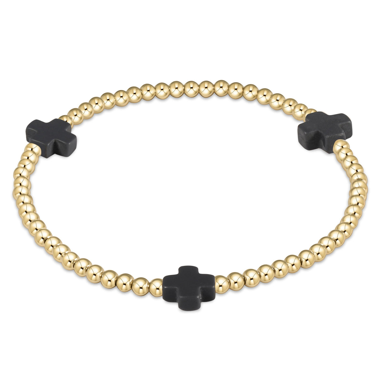 3mm gold-filled bead bracelet featuring a signature cross pendant on stretch elastic.