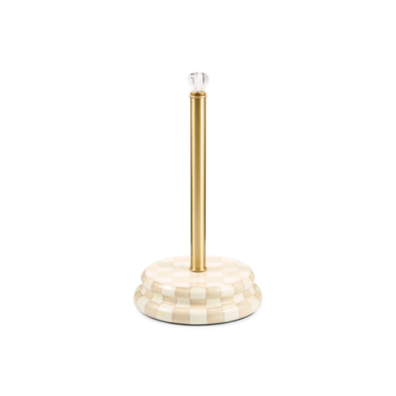 Check Paper Towel Holder with a cream and tan checkered base, gold post, and glass knob.