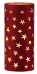 Tall glass cylinder with red LED lights and a starburst pattern on the surface.