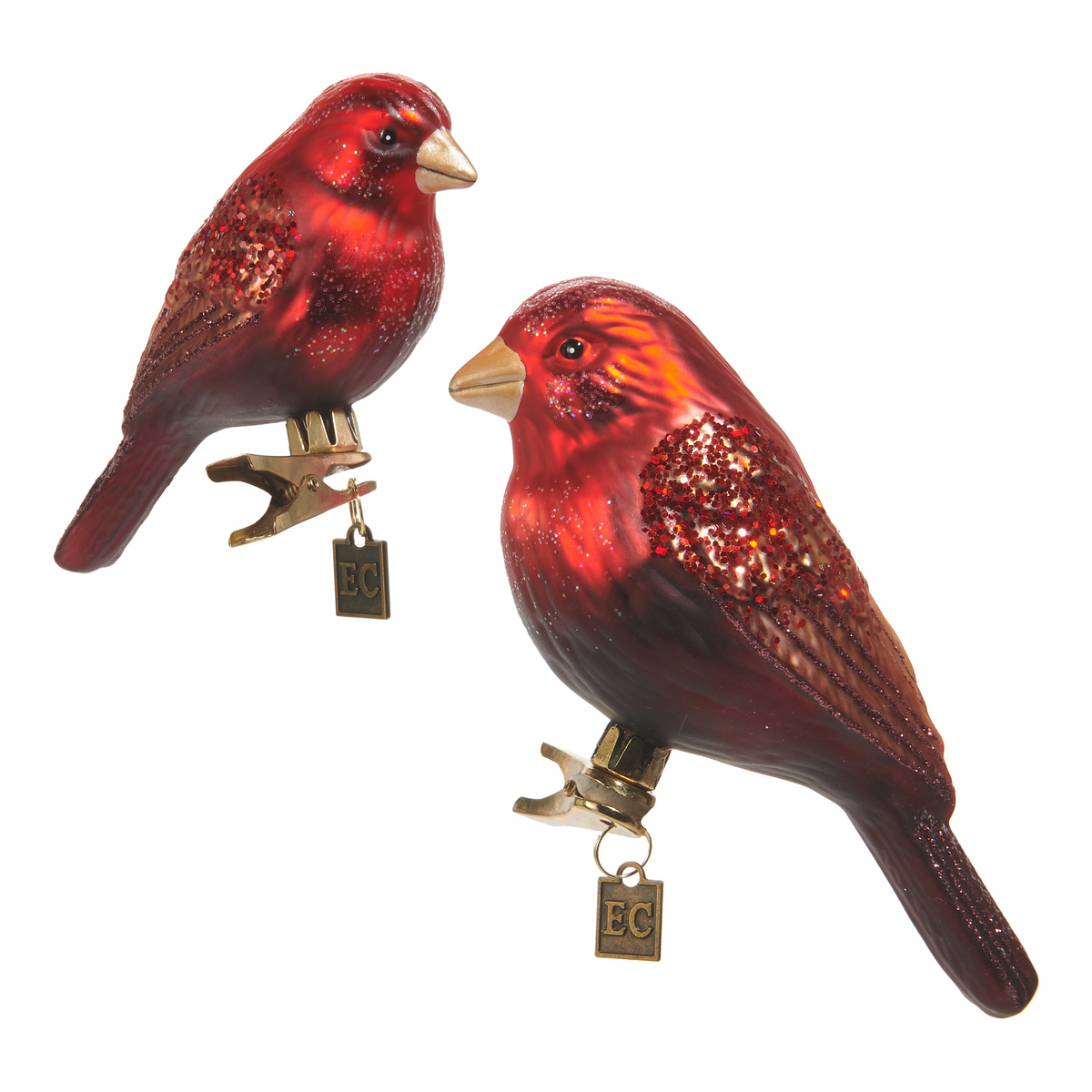 Two 5.5-inch red and brown glass bird clip-on ornaments with glitter accents and EC tags.