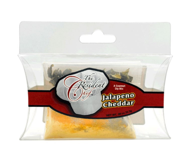 The Resident Chef Jalapeno Cheddar dip mix in a clear plastic pillow pack with a red label.