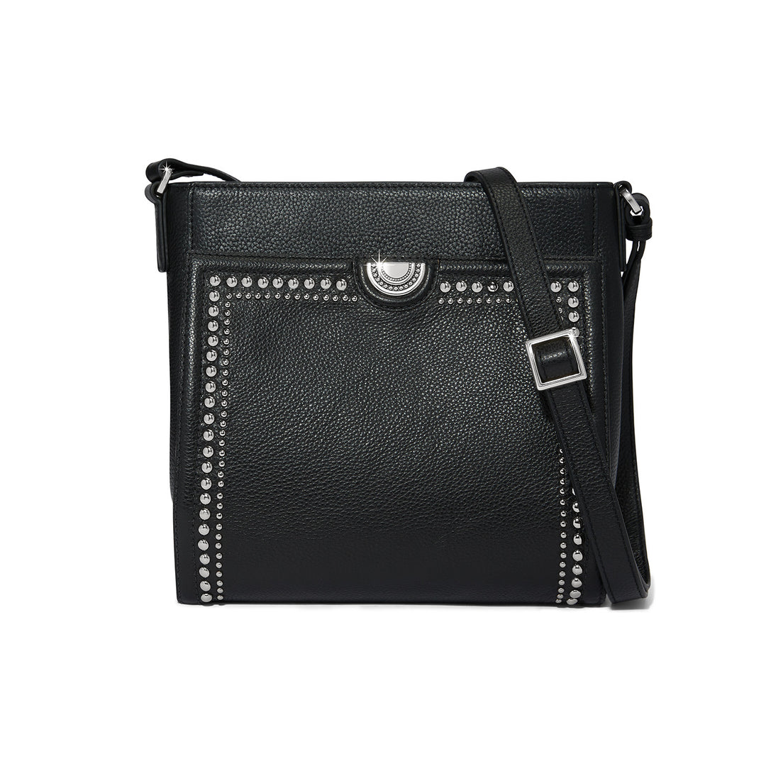Black leather Clayton Organizer Bag with silver nailhead trim and adjustable shoulder strap.