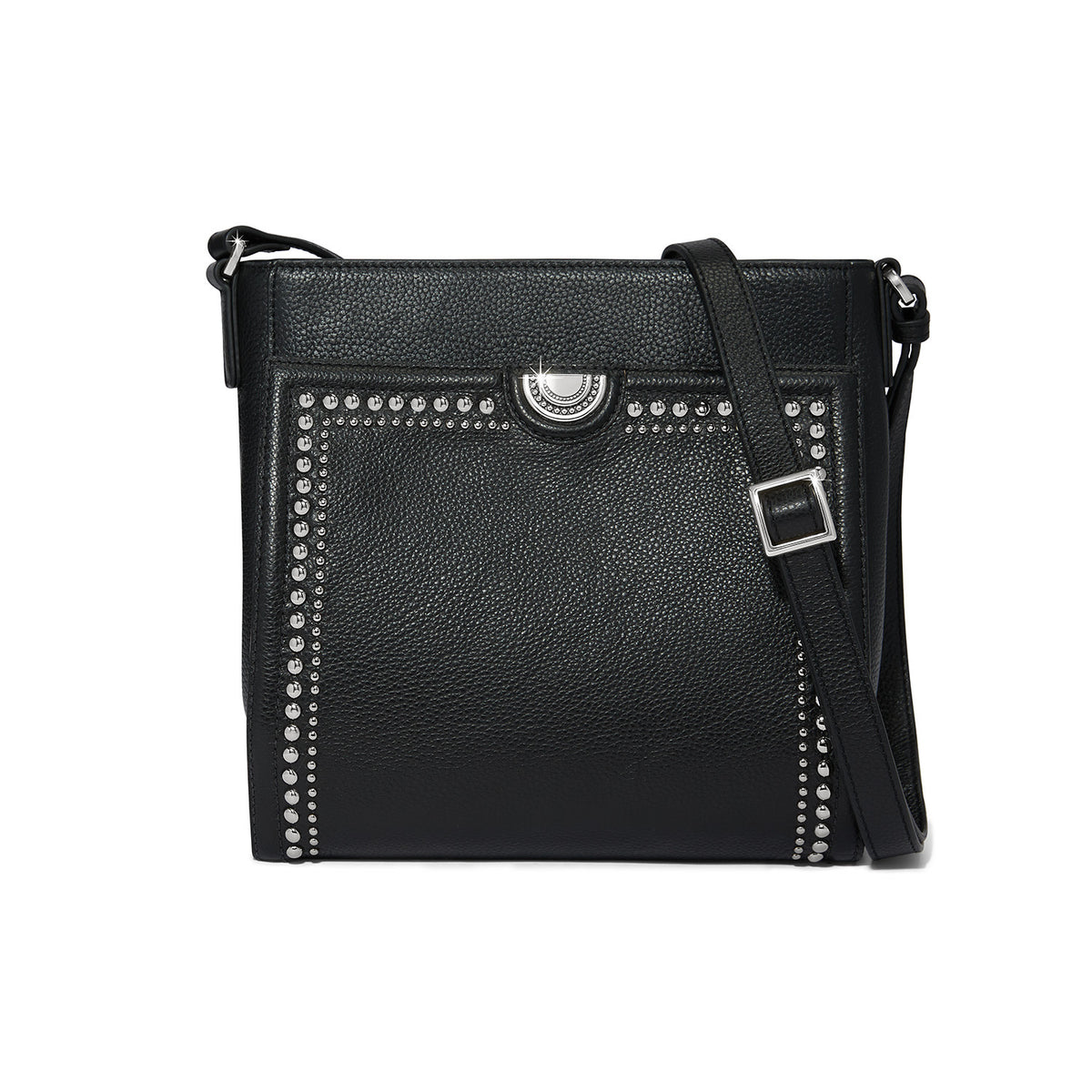 Black leather Clayton Organizer Bag with silver nailhead trim and adjustable shoulder strap.
