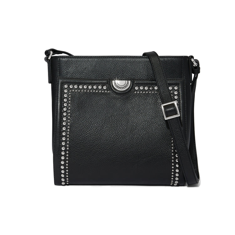 Black leather Clayton Organizer Bag with silver nailhead trim and adjustable shoulder strap.