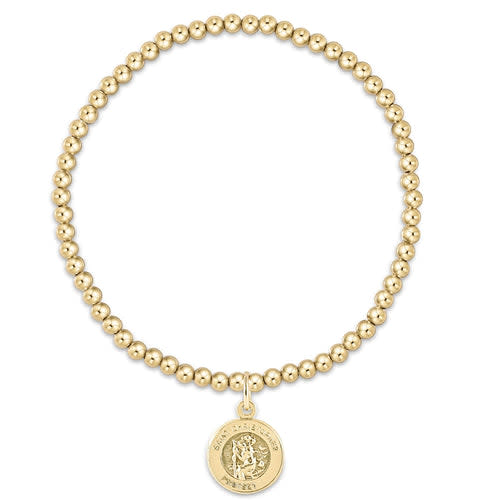 Classic gold 3mm bead bracelet with a small St. Christopher protection gold disc charm.