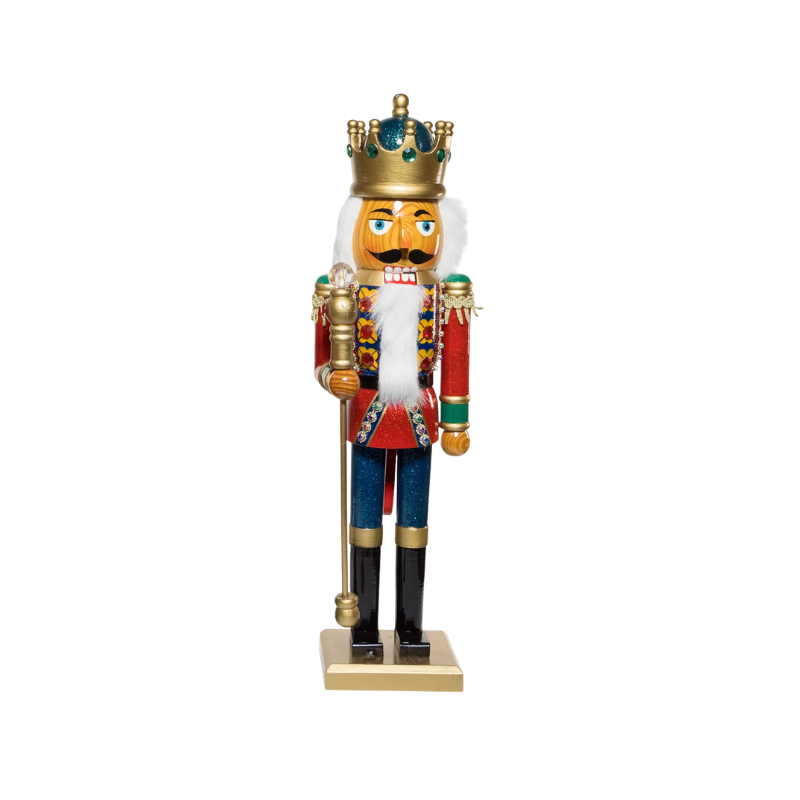 20-inch King Nutcracker with gold crown, red glitter jacket, and blue pants holding a gold scepter.