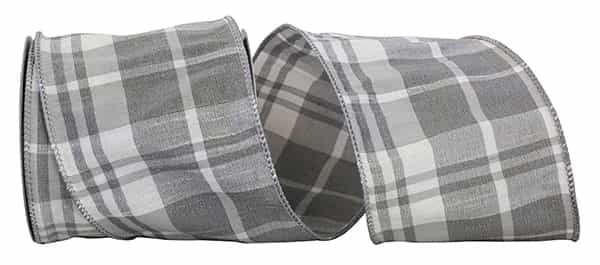 Grey plaid dupioni ribbon with wired edge in a rectangular shape.