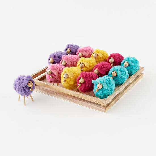 Five-inch red woolly sheep figurine with a rounded body shape.