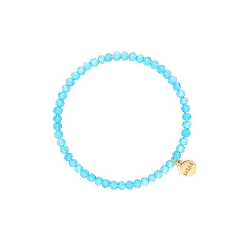 Stretchy beaded bracelet with faceted glass beads in colorful tones.