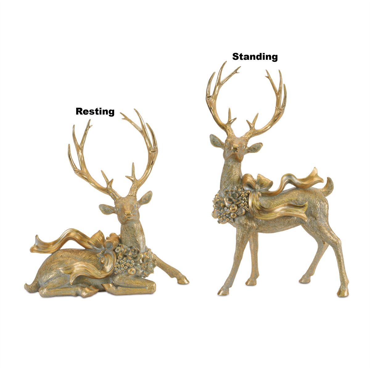 Two gold resin deer figurines with bows and antlers, one in a resting pose and one standing.