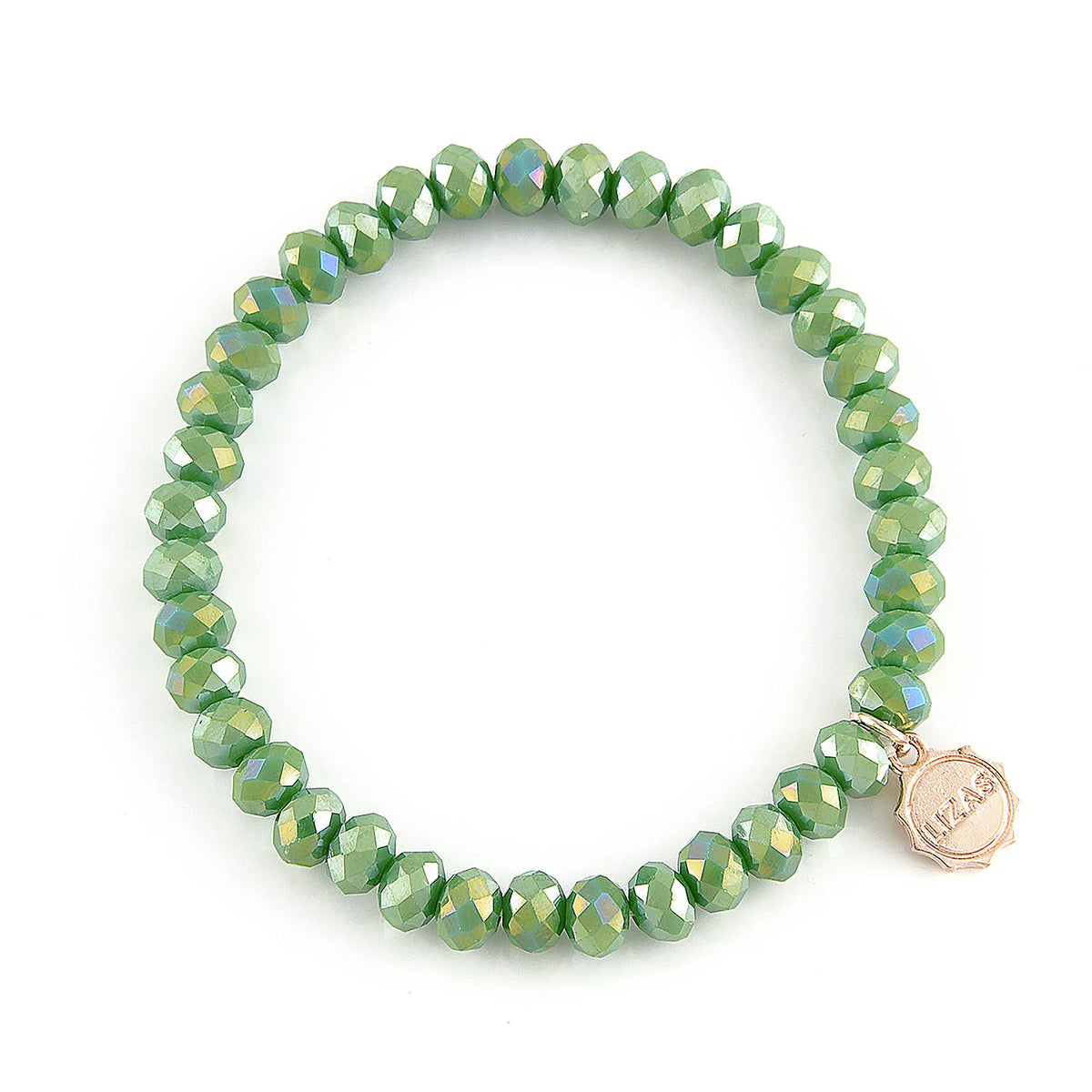 Stretchy bracelet with faceted glass beads in a colorful beaded pattern.