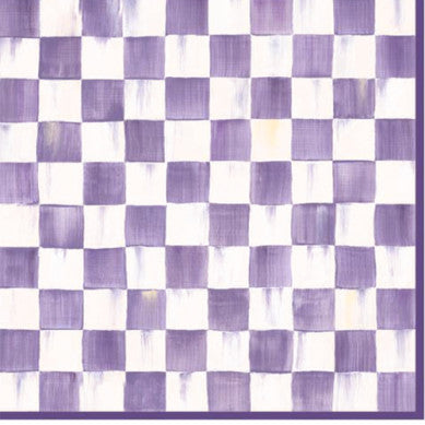 Packaged violet check dinner paper napkins with triple-ply material.