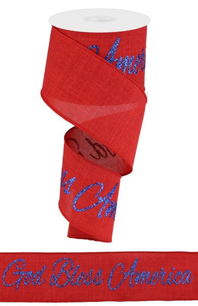 Red royal blue polyester burlap ribbon with God Bless America text pattern