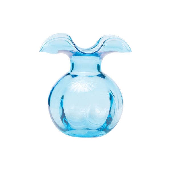 Aqua glass bud vase with hibiscus-inspired floral etching pattern.