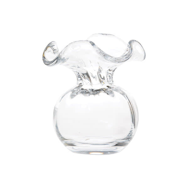 Clear glass hibiscus bud vase with a floral hue finish.