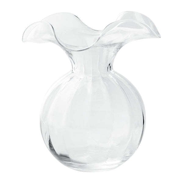 Clear glass medium fluted vase with a hibiscus-inspired pattern.