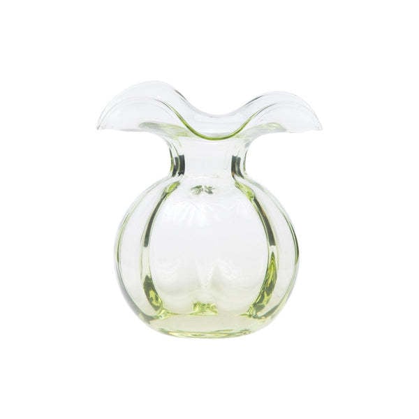 Green glass bud vase with hibiscus floral pattern