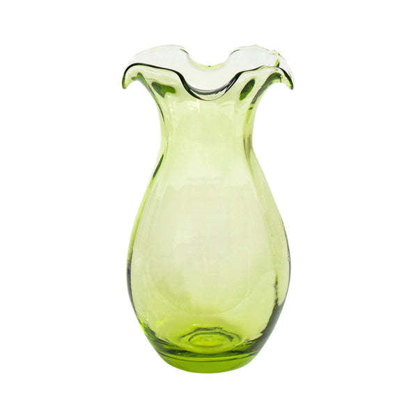 Small green glass vase with vertical fluted texture