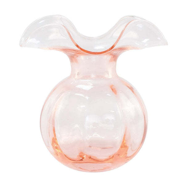 Pink fluted glass medium vase with a hibiscus-inspired pattern.