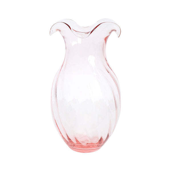 Small pink glass vase with vertical fluted texture