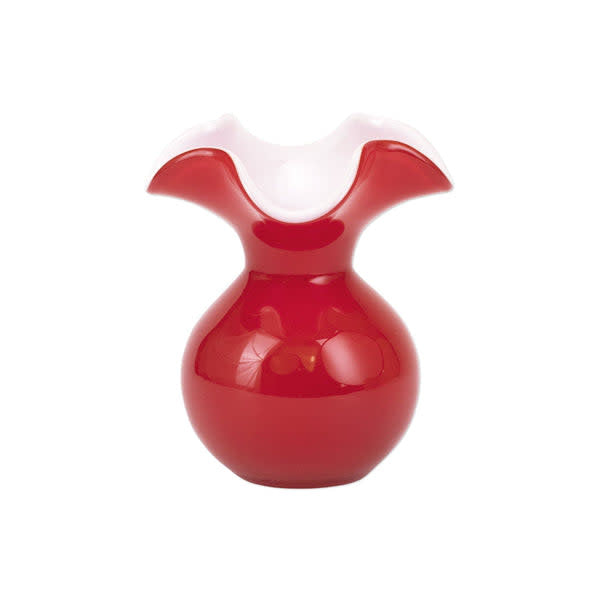 Red hibiscus glass bud vase with a curved silhouette holding greenery.