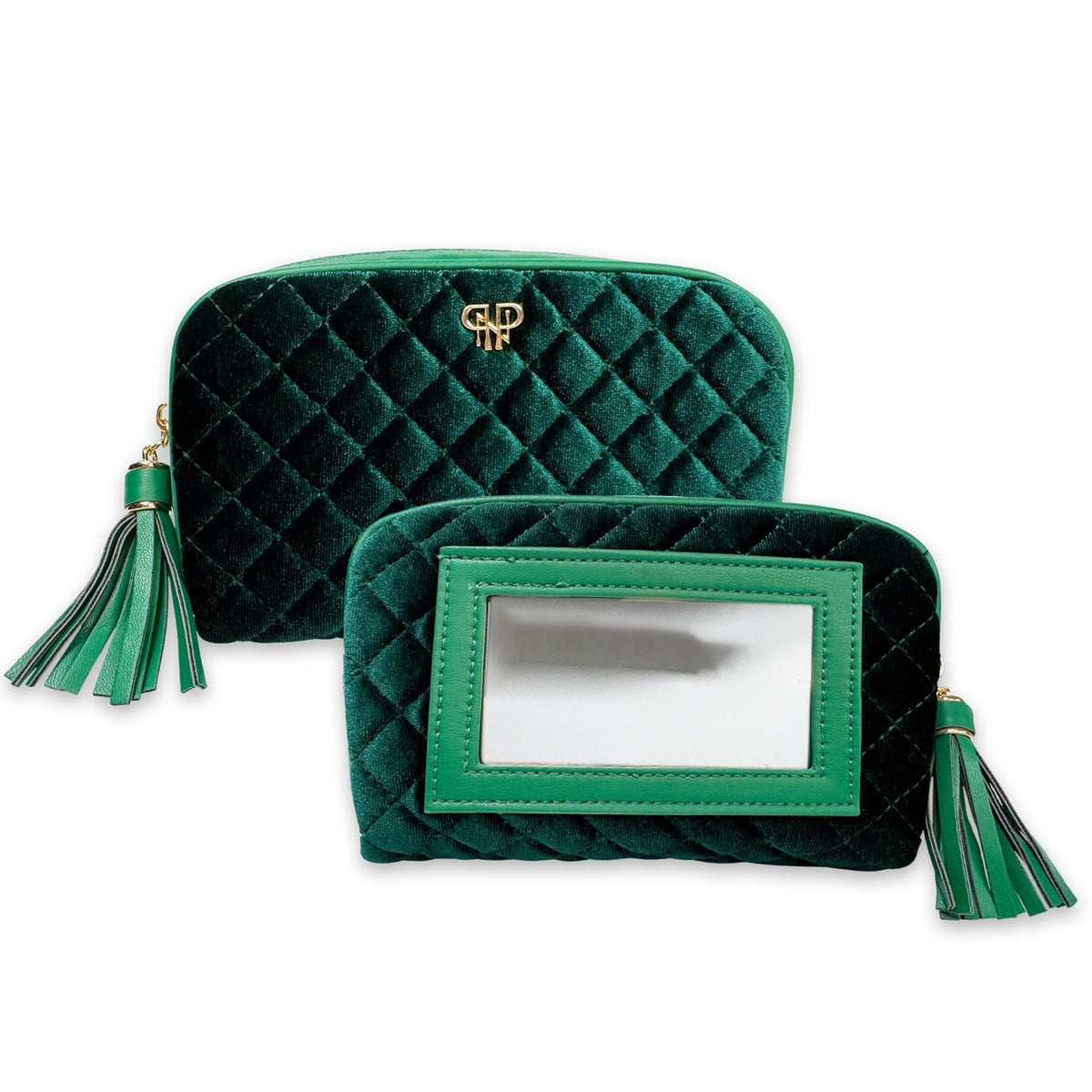 Velvet exterior Glam Makeup Case with wipeable mirror and two built-in pockets.