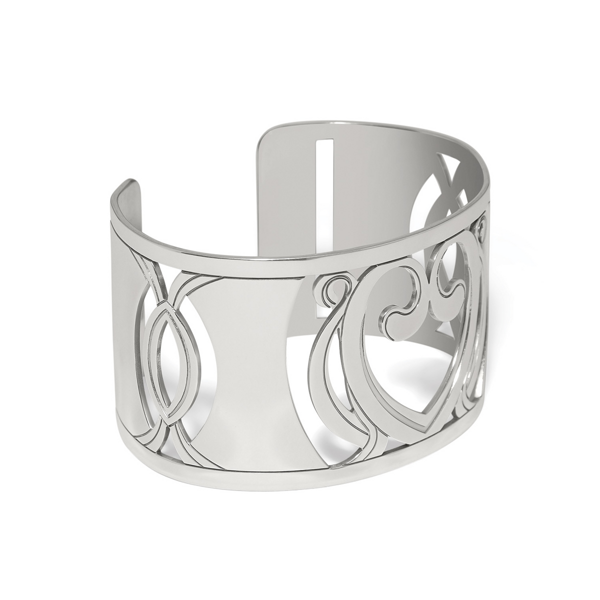 Silver-plated Fashionista One Love Scarf Cuff with intricate cutout heart and scroll designs.