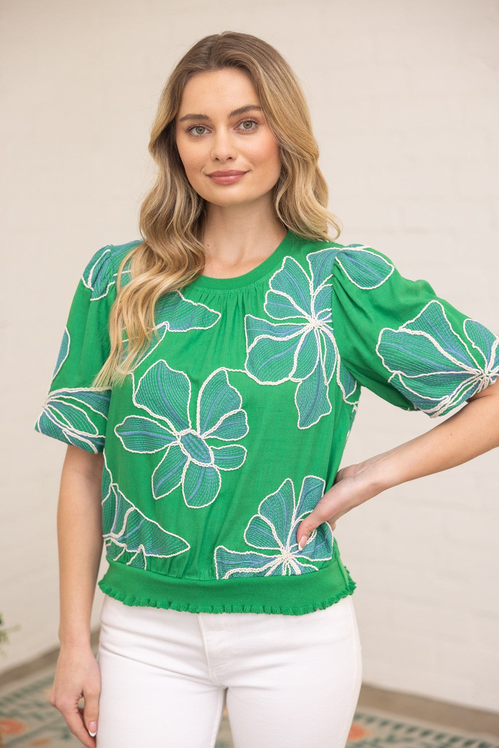 Emily Contrast Band top with floral embroidery on soft woven fabric