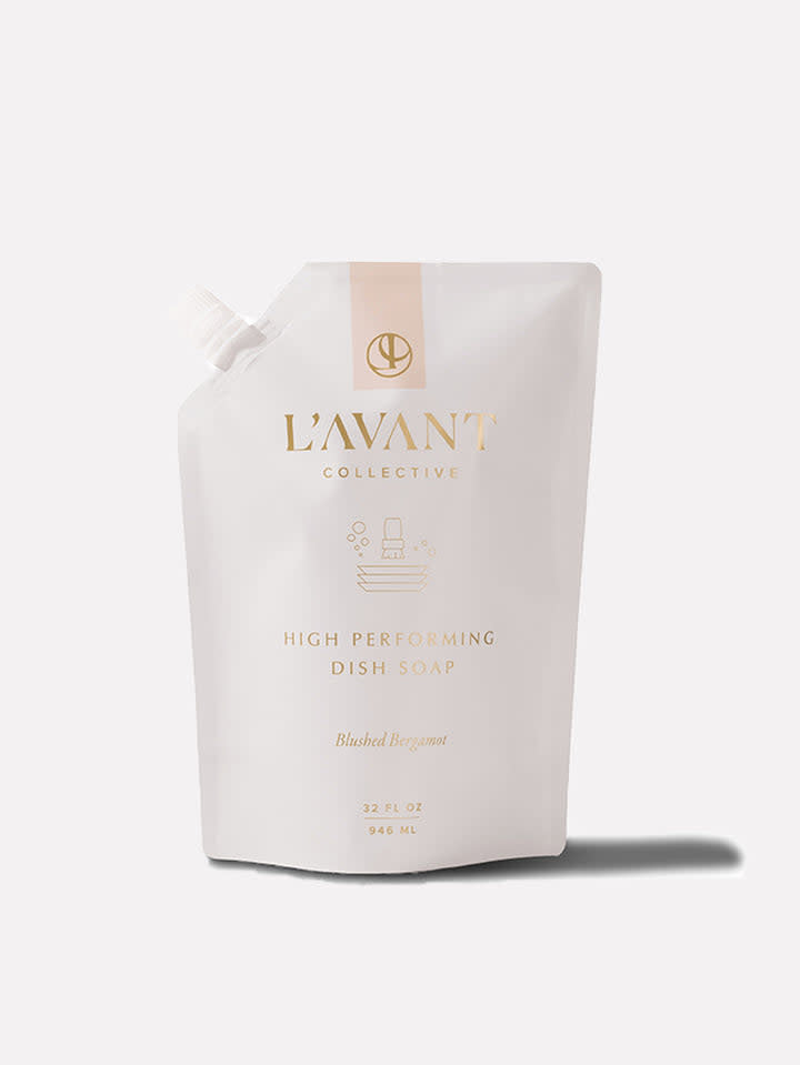 32 oz Blushed Bergamot dish soap refill pouch with plant-based ingredients and concentrated formula.