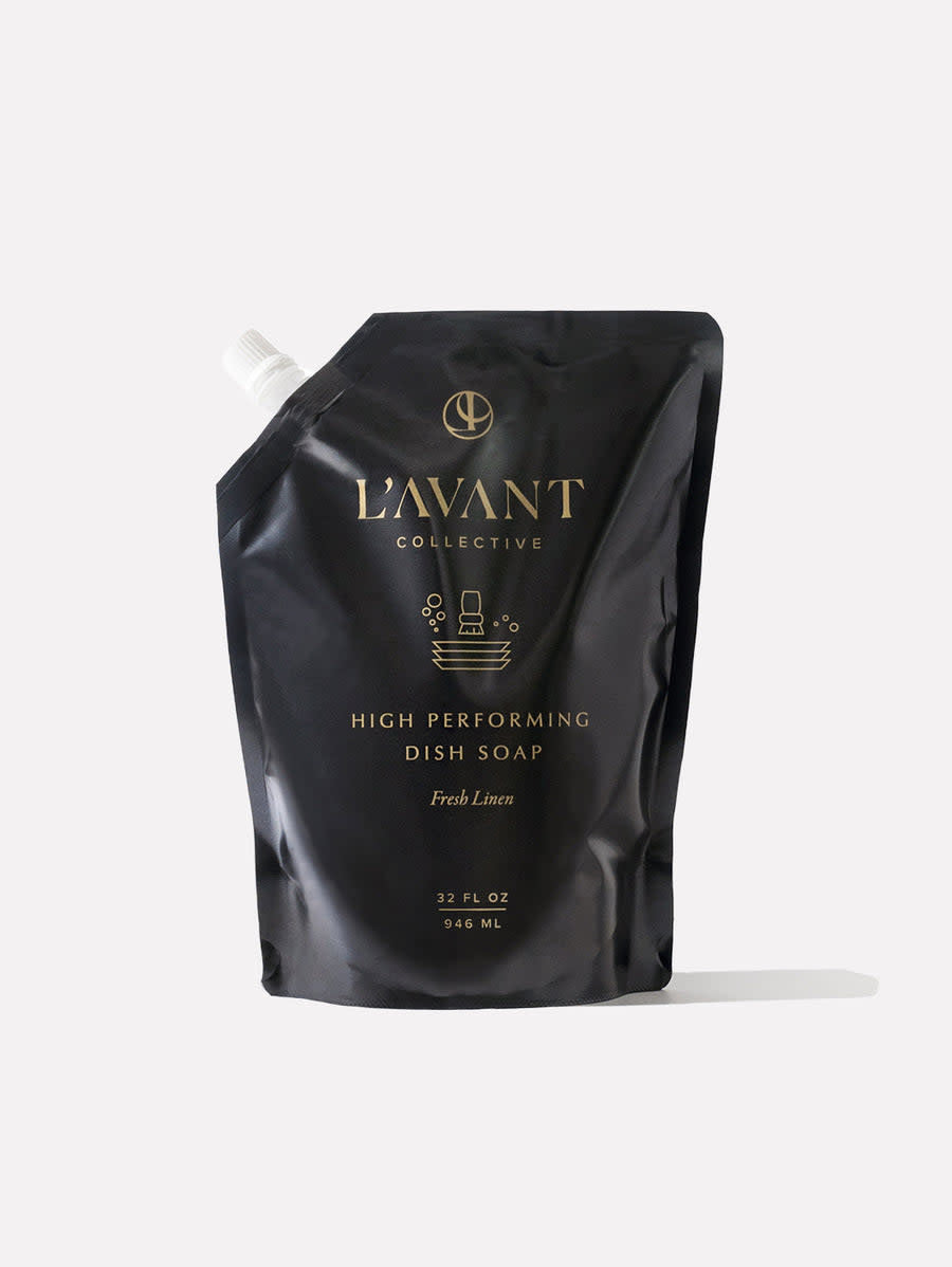Front view of a High Performing Dish Soap Refill pouch in Fresh Linen scent with plant-based ingredients.