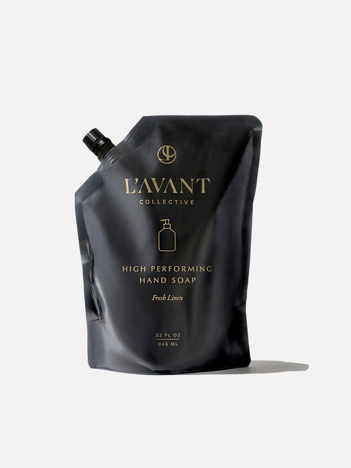 32 oz refill pouch of plant-based hand soap in fresh linen scent with clear packaging.