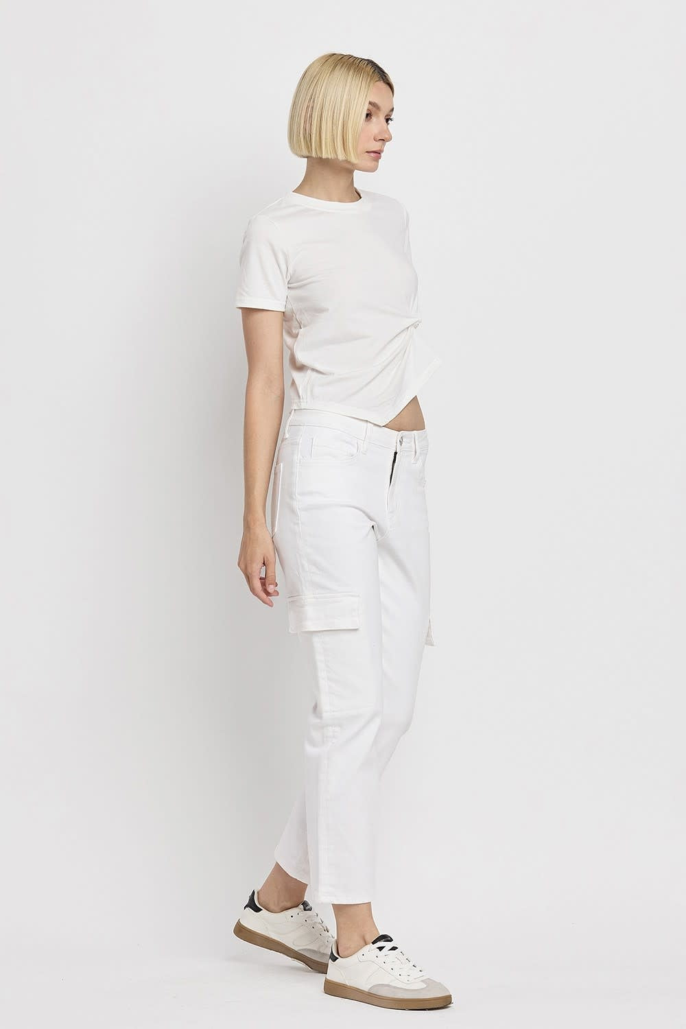 Optic white high-rise crop cargo straight jeans with side pockets