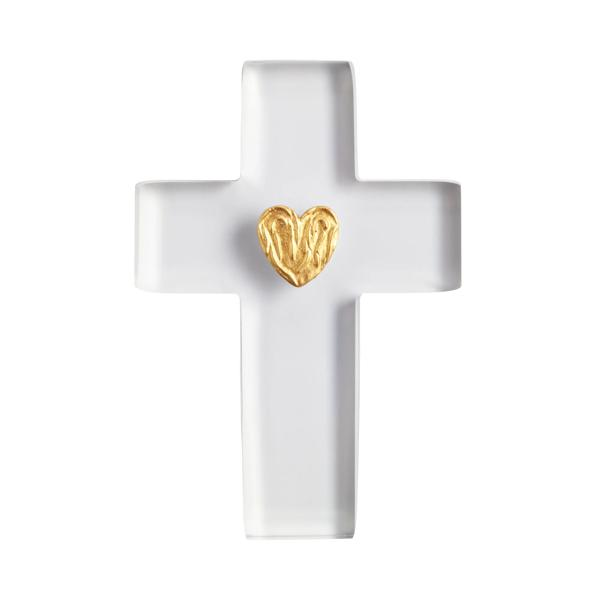 Clear resin cross with a hand-painted gold heart icon in the center.