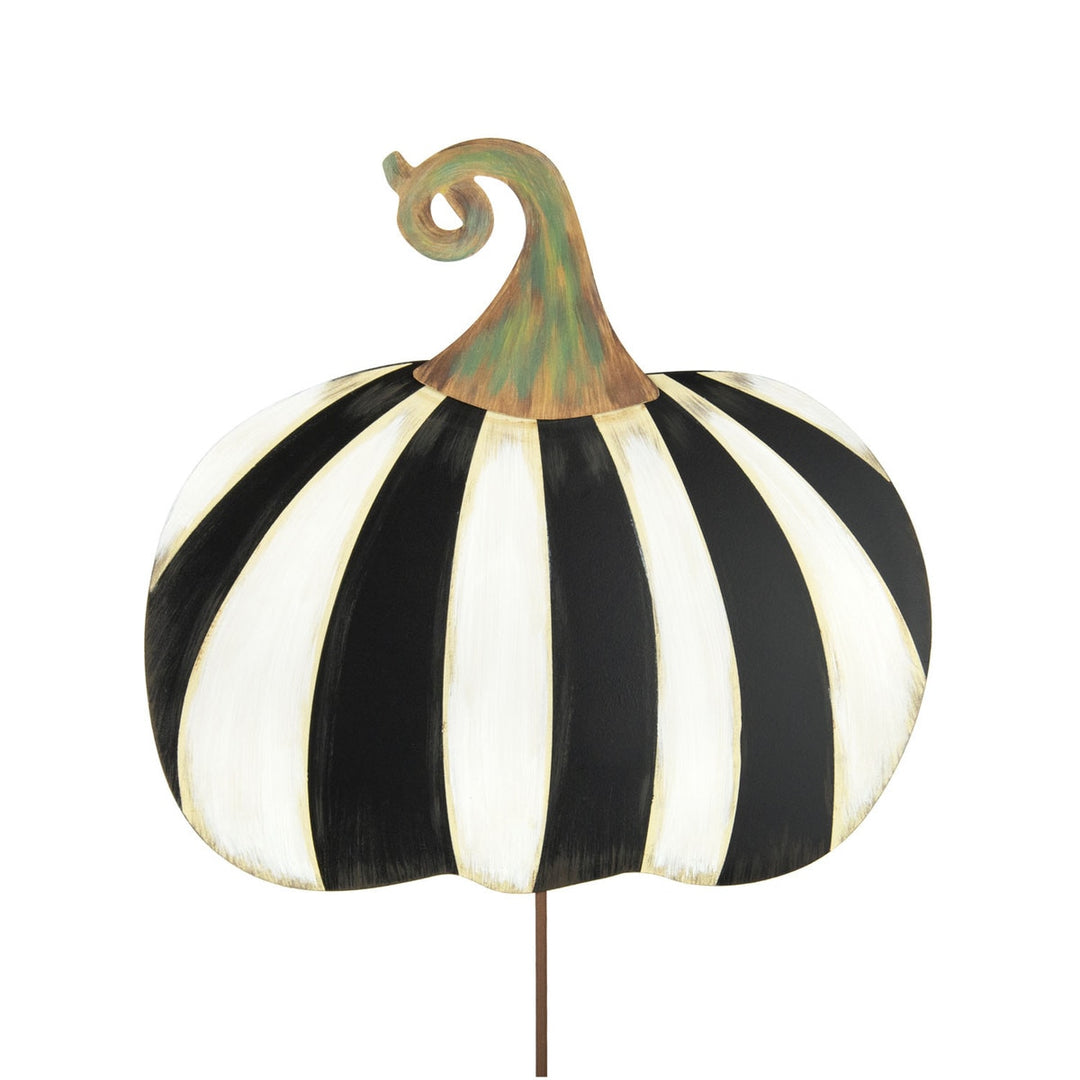 Black and white striped ceramic pumpkin stake with modern geometric pattern