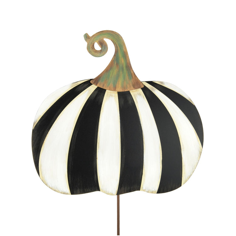 Black and white striped ceramic pumpkin stake with modern geometric pattern