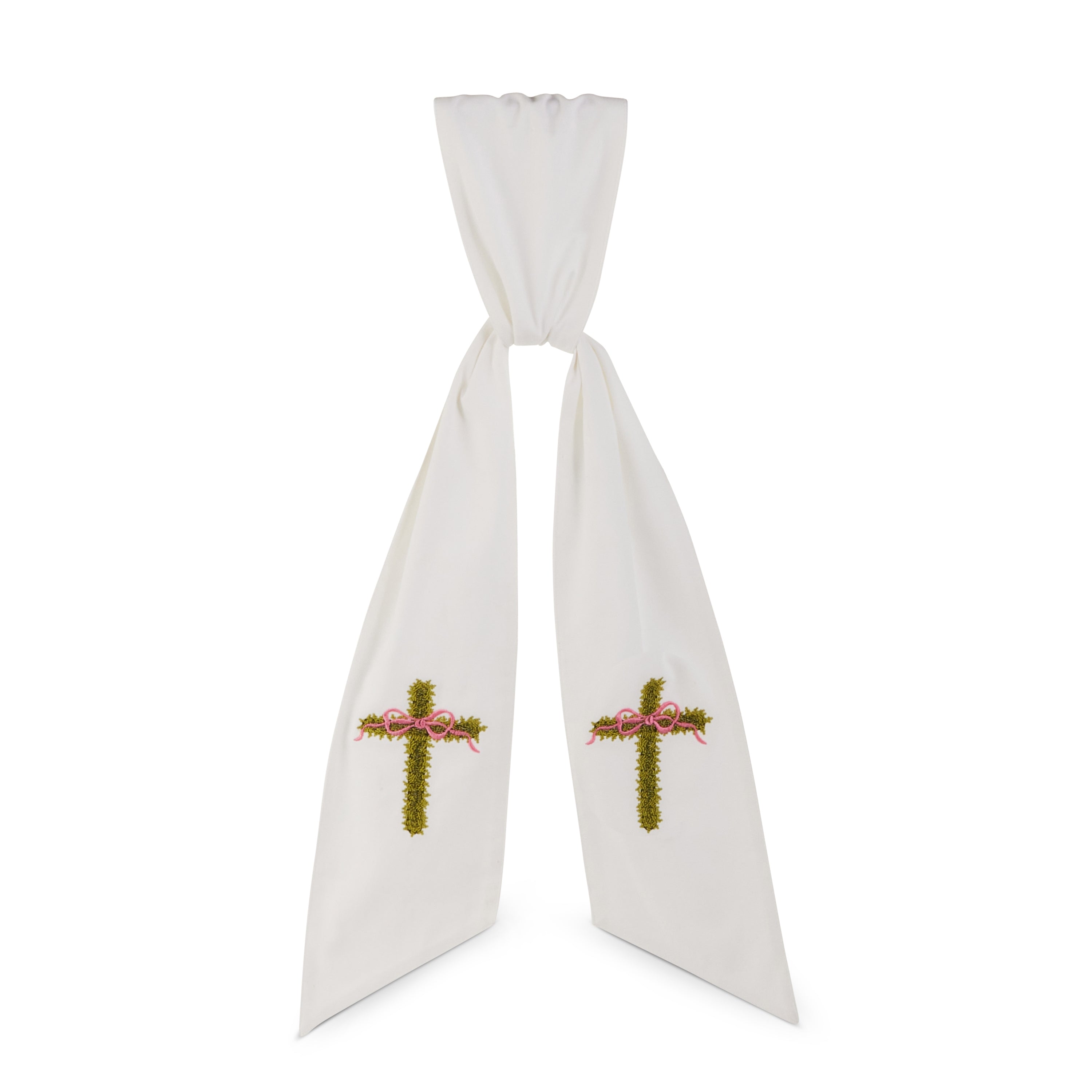 60-inch white cotton Easter cross wreath sash with decorative fabric trim.