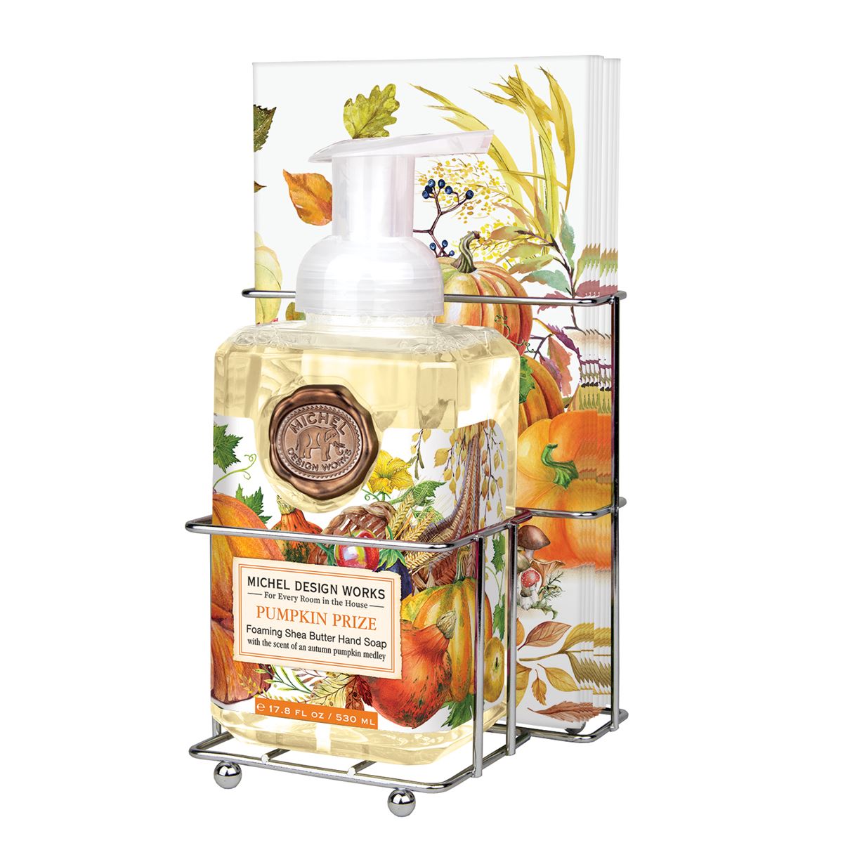 Foaming hand soap dispenser with matching napkin holder set in neutral tones