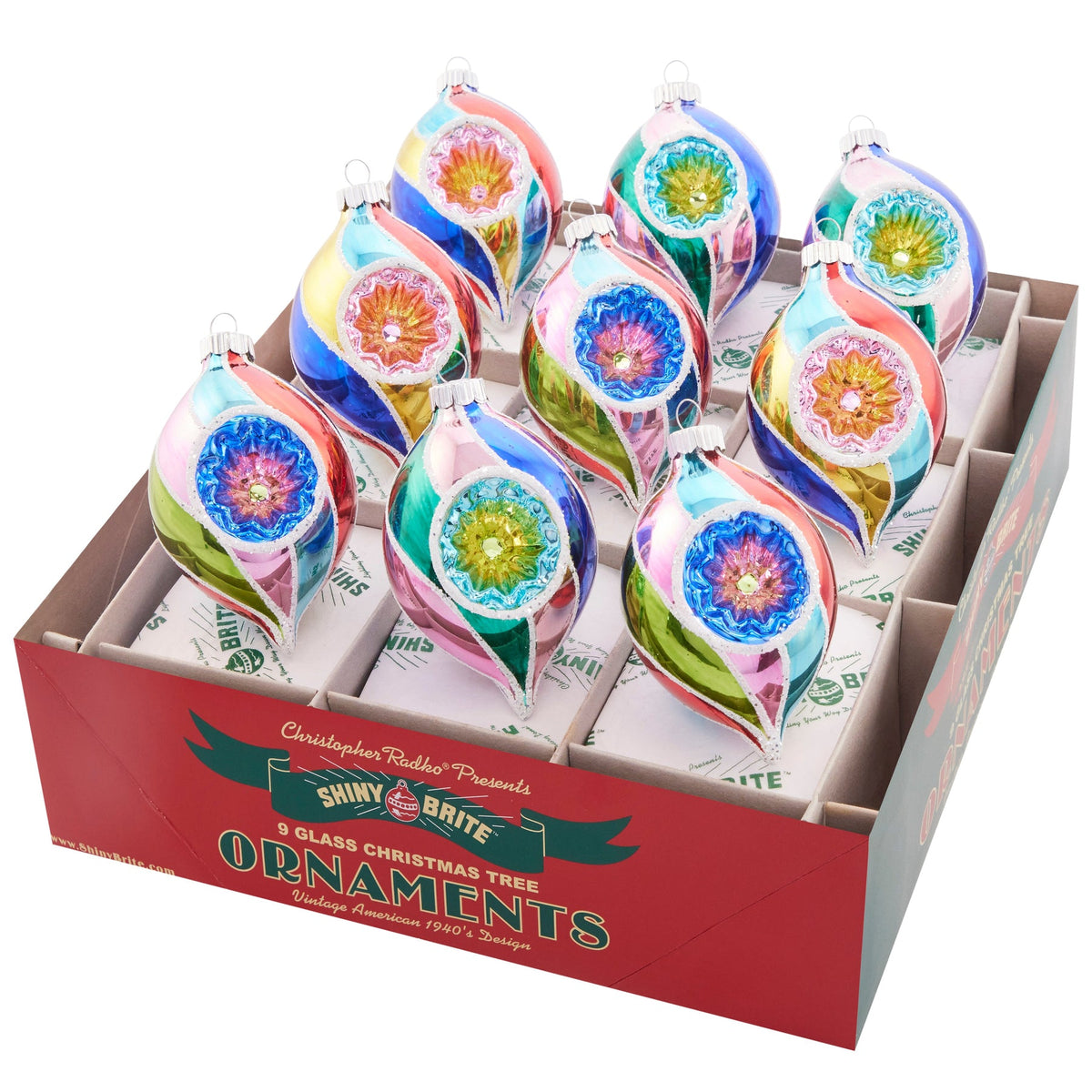 Set of 9 Shiny Brite Christmas Confetti 2.5-inch reflector tulip glass ornaments in a red box.