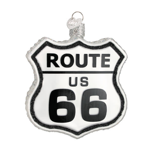 Metal Route sign ornament shaped as a historic highway marker with blue background and white text.
