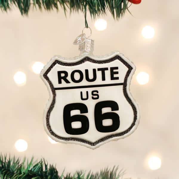 Small wooden ornament shaped like a vintage Route sign with black text on a cream background.
