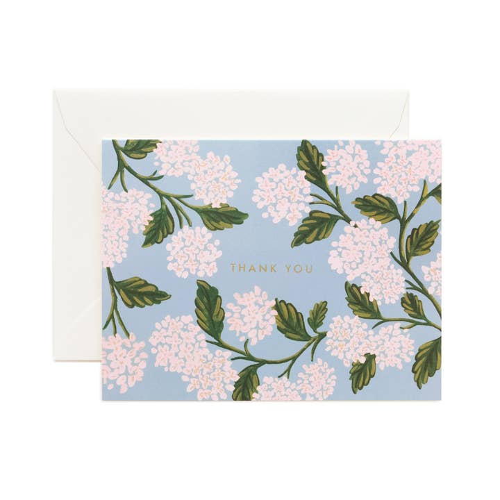 Boxed set of thank you cards with natural white covers featuring metallic gold foil stamping and soft white envelopes.