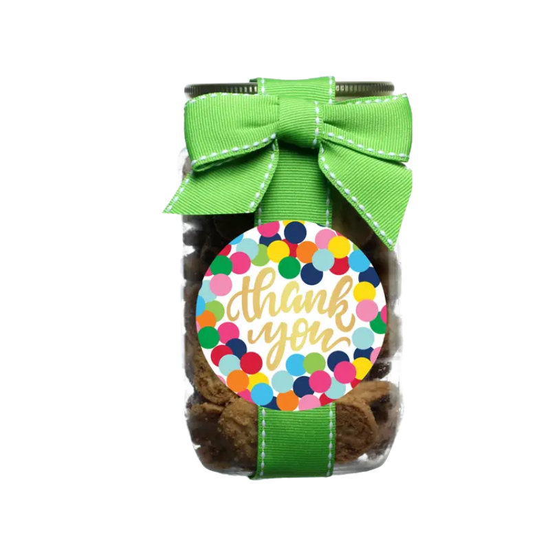 Confetti Dot Cookie Pint Jar with a green ribbon and a colorful 'thank you' sticker.