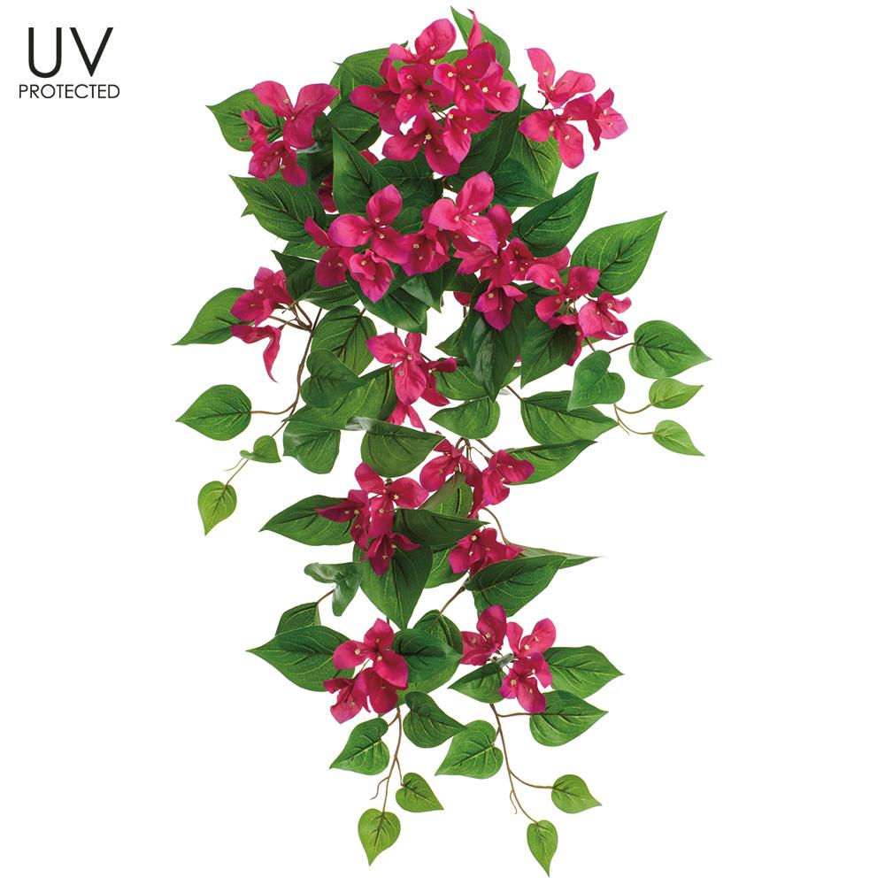 Hanging polyester bush with UV-protected bougainvillea blooms in vibrant pink and green foliage.
