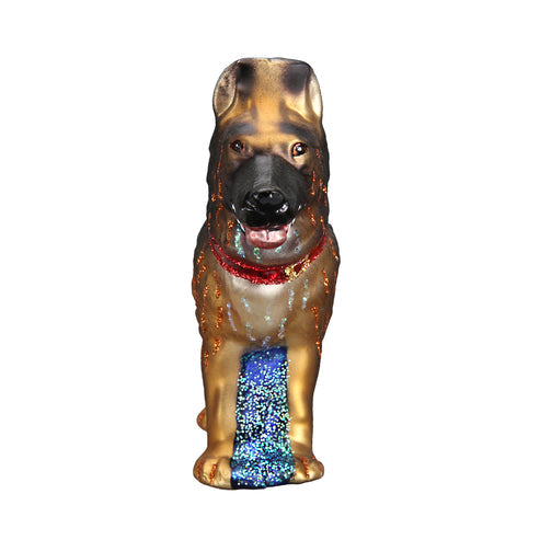 German Shepherd dog ornament figurine in brown fur with black accents standing on a base.