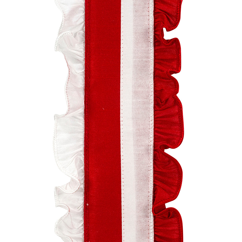 Four-inch wide dupioni ribbon in festive ruffle style with wired edges.