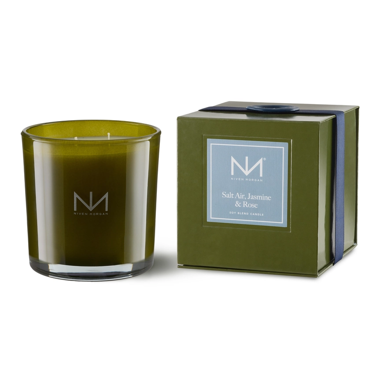 Niven Morgan Salt Air, Jasmine & Rose double-wick soy blend candle in a dark olive glass jar.