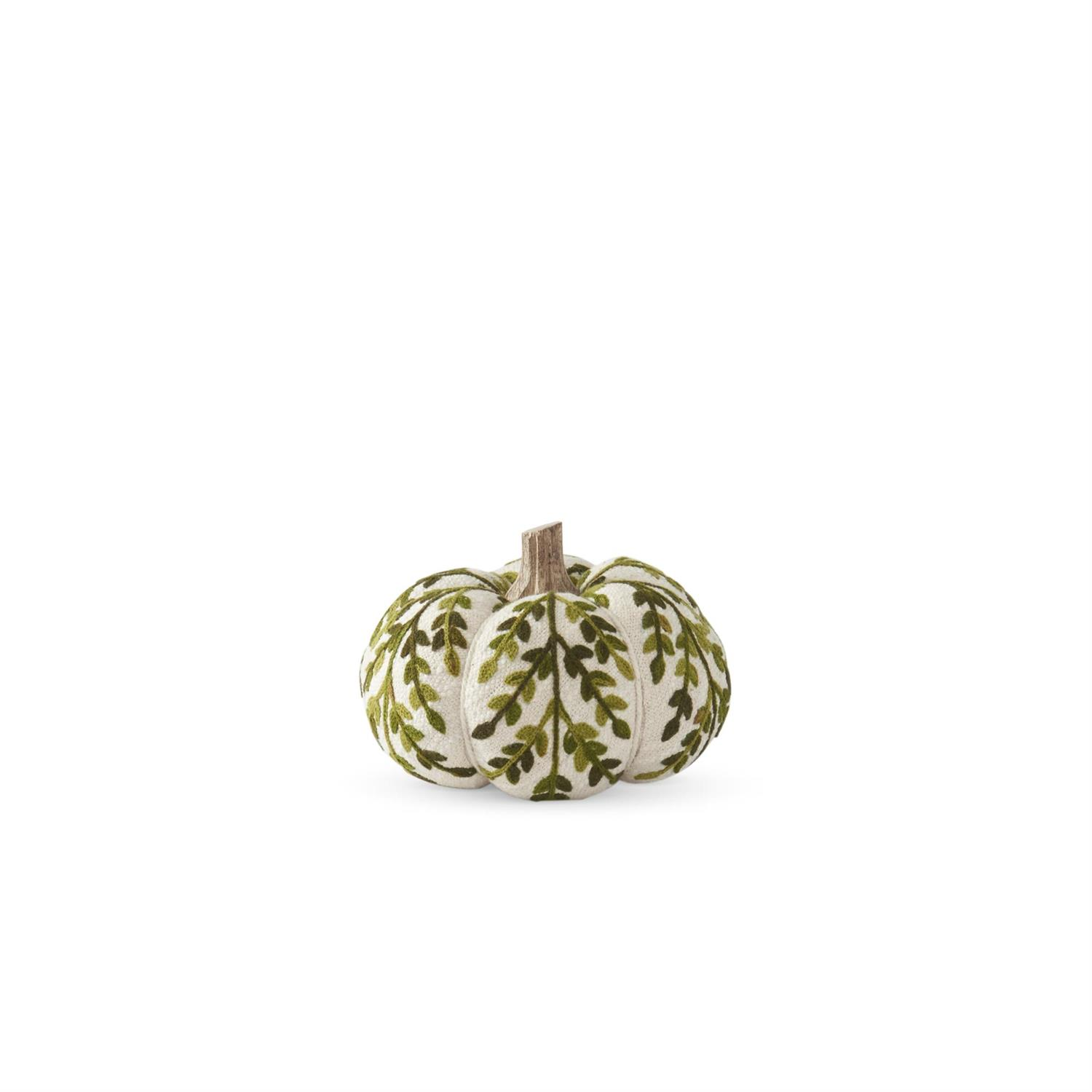 4.5 inch cream knit pumpkin with green embroidered foliage pattern and a natural wood stem.