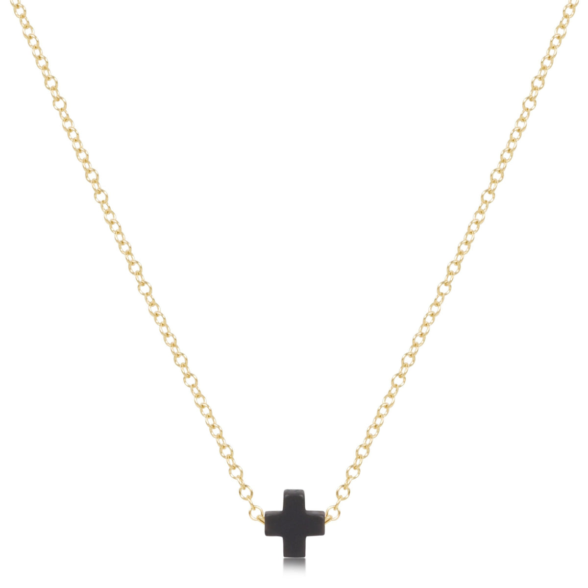 16-inch 14kt gold-filled chain necklace featuring a small black signature cross pendant.