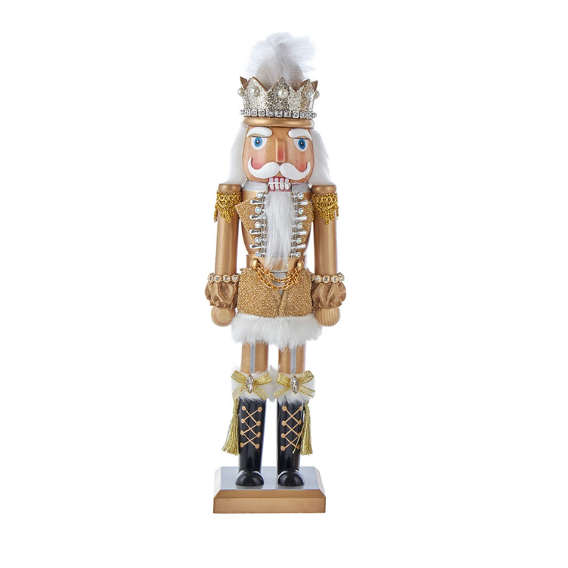 15-inch gold nutcracker king with crown, white faux fur trim, and glittery gold uniform.
