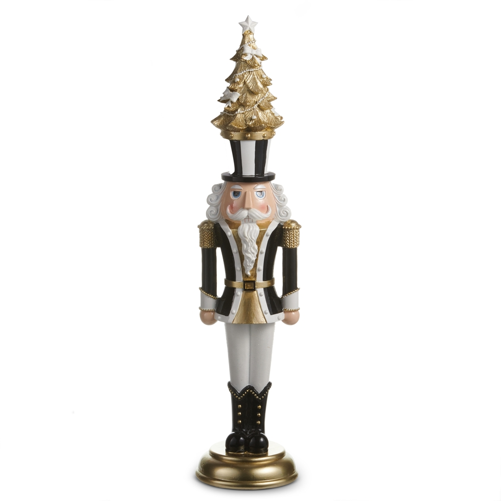 23.5-inch black and gold nutcracker figurine with a striped top hat and a golden Christmas tree on top